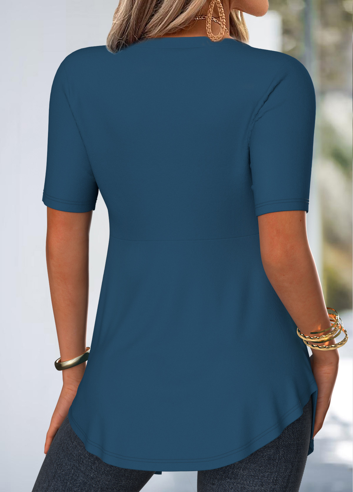 Peacock Blue tops,Floral tops,Plants tops,ROTITA Lace Floral Print Peacock Blue Fake Two Piece Twinset