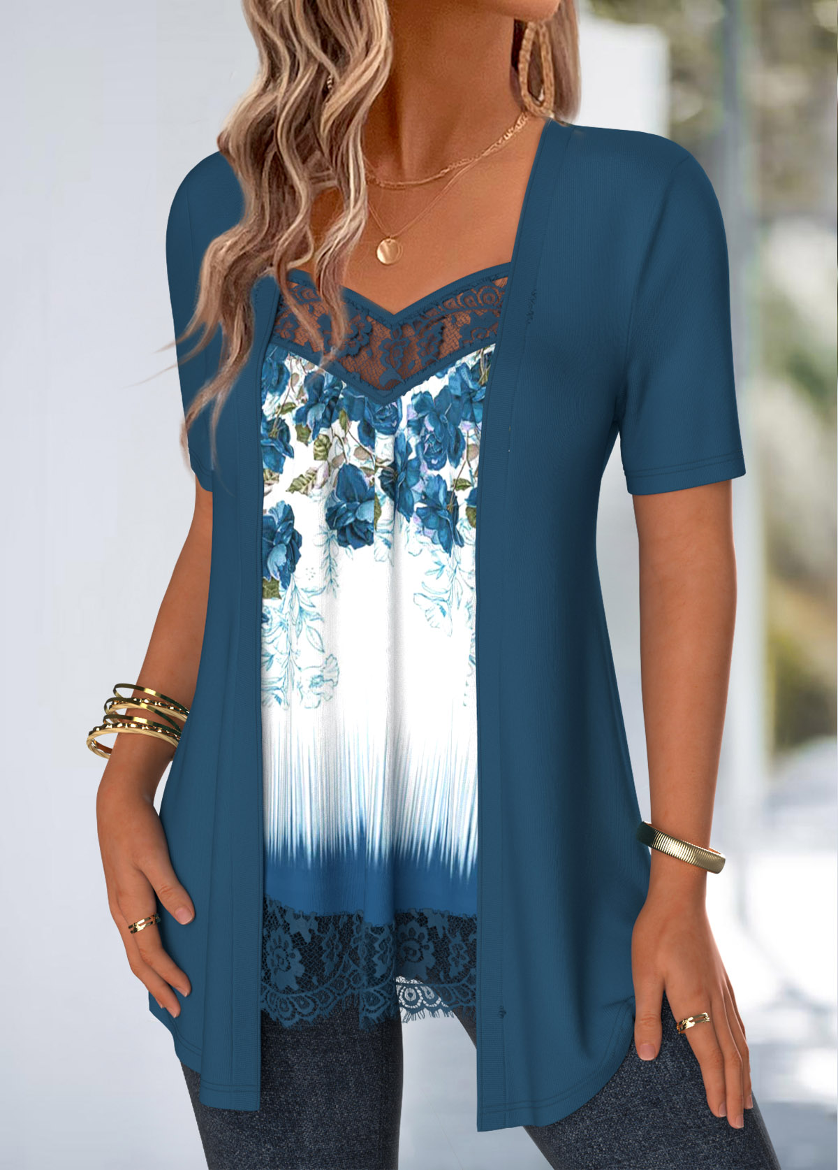 Peacock Blue tops,Floral tops,Plants tops,ROTITA Lace Floral Print Peacock Blue Fake Two Piece Twinset