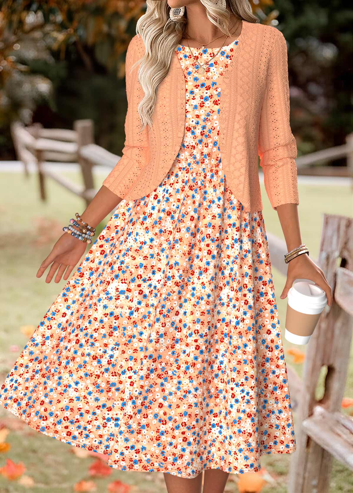 Orange dresses,Ditsy Floral dresses,Everyday dresses,Casual dresses,ROTITA Ditsy Floral Print Orange Round Neck Dress and Cardigan