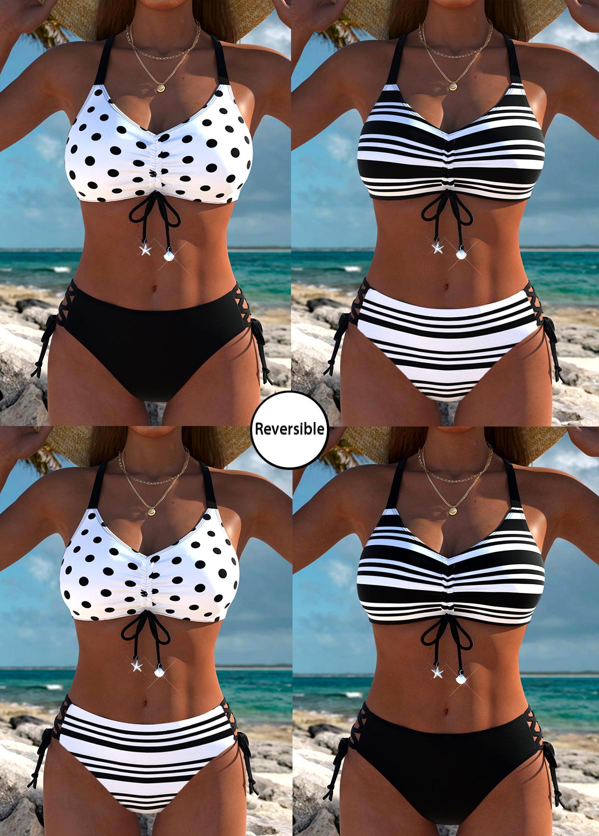 Black swimwear,Striped swimwear,Geometric swimwear,ROTITA Mid Waisted Reversible Striped Black Bikini Set