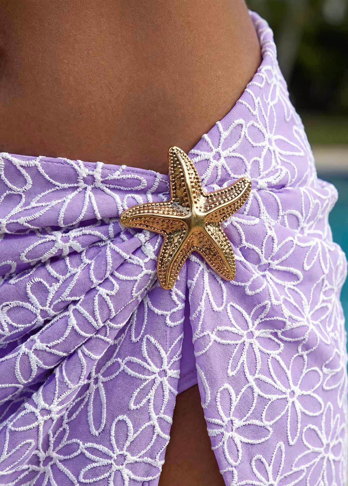 Purple swimwear,Floral swimwear,Plants swimwear,ROTITA Purple Three-piece Floral Print Mid Waisted Bikini Set