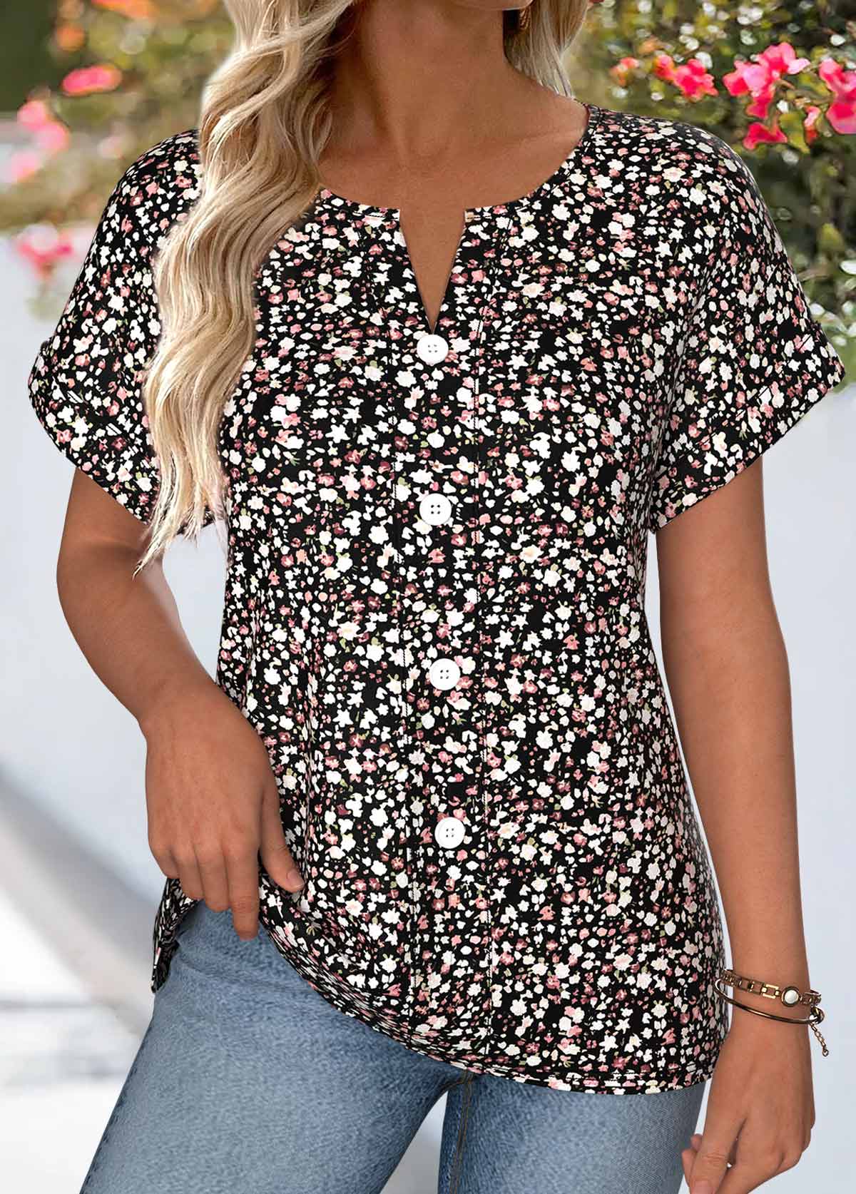 Black tops,Ditsy Floral tops,ROTITA Tummy Coverage Ditsy Floral Print Black Split Neck Blouse
