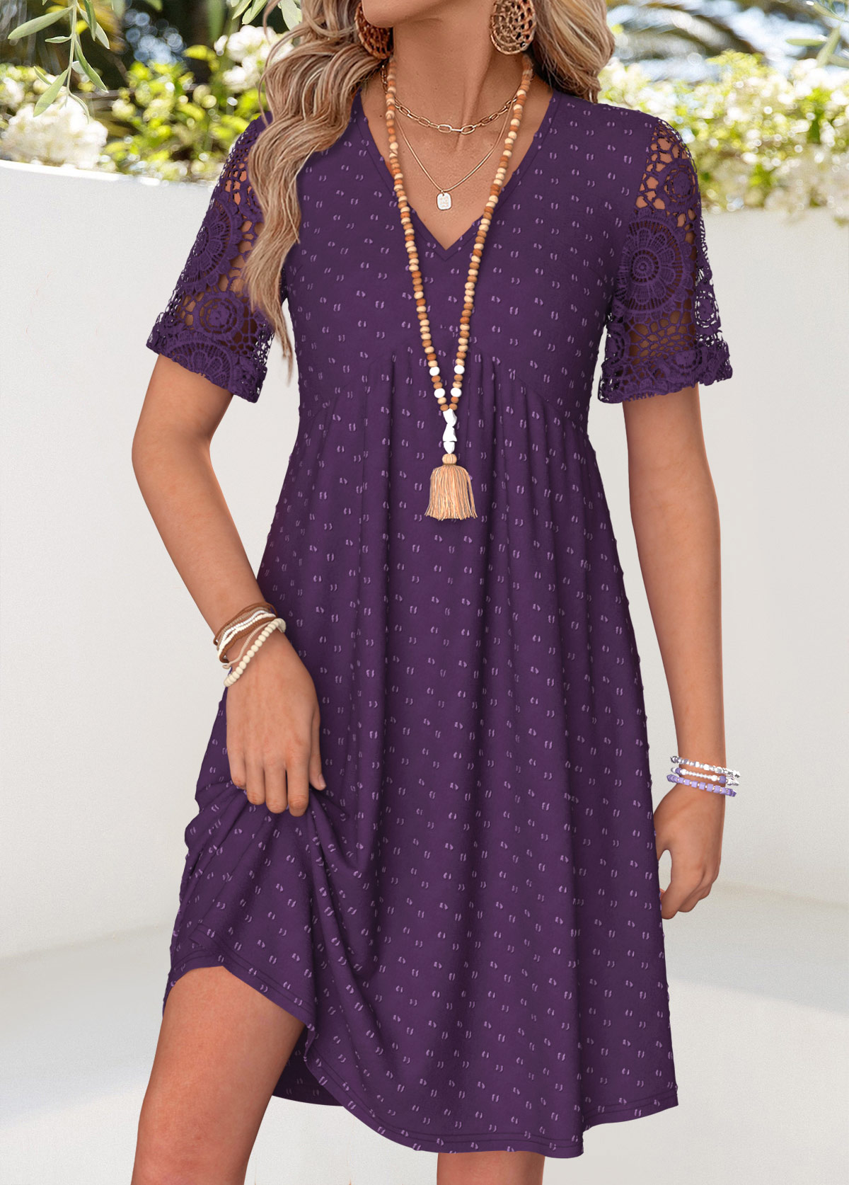 Purple dresses,Plain Color dresses,Everyday dresses,Casual dresses,ROTITA Purple Patchwork Short V Neck Dress