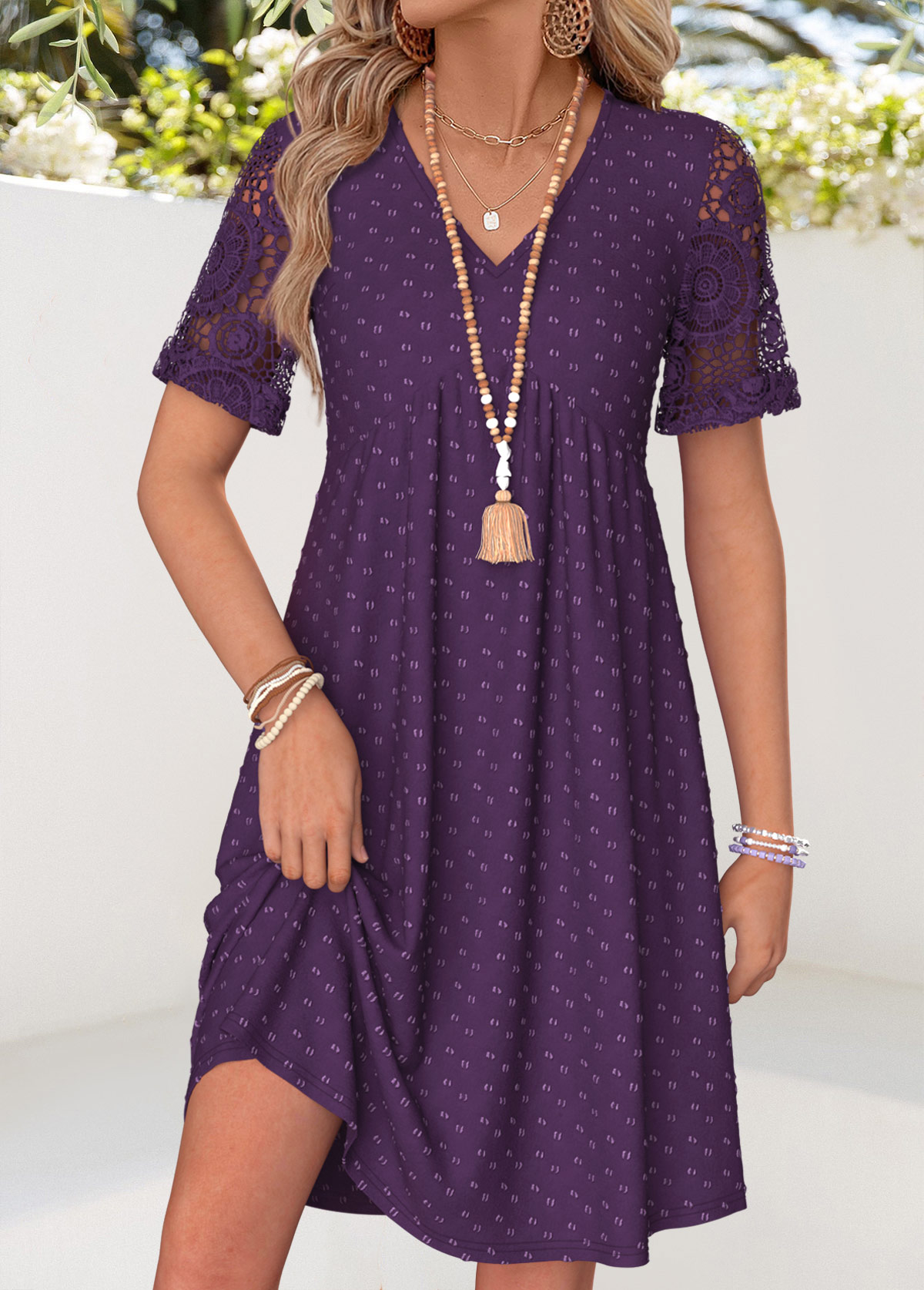 Purple dresses,Plain Color dresses,Everyday dresses,Casual dresses,ROTITA Purple Patchwork Short V Neck Dress