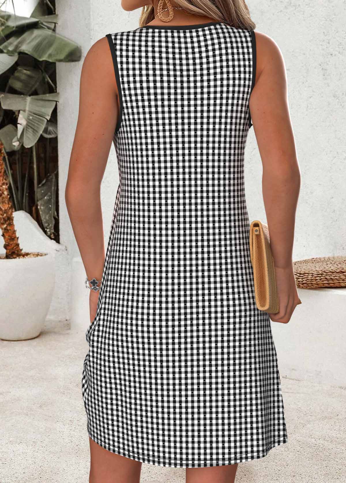 Black dresses,Plaid dresses,Vacation dresses,Vacation dresses,ROTITA Red Tummy Coverage Short Round Neck Sleeveless Dress