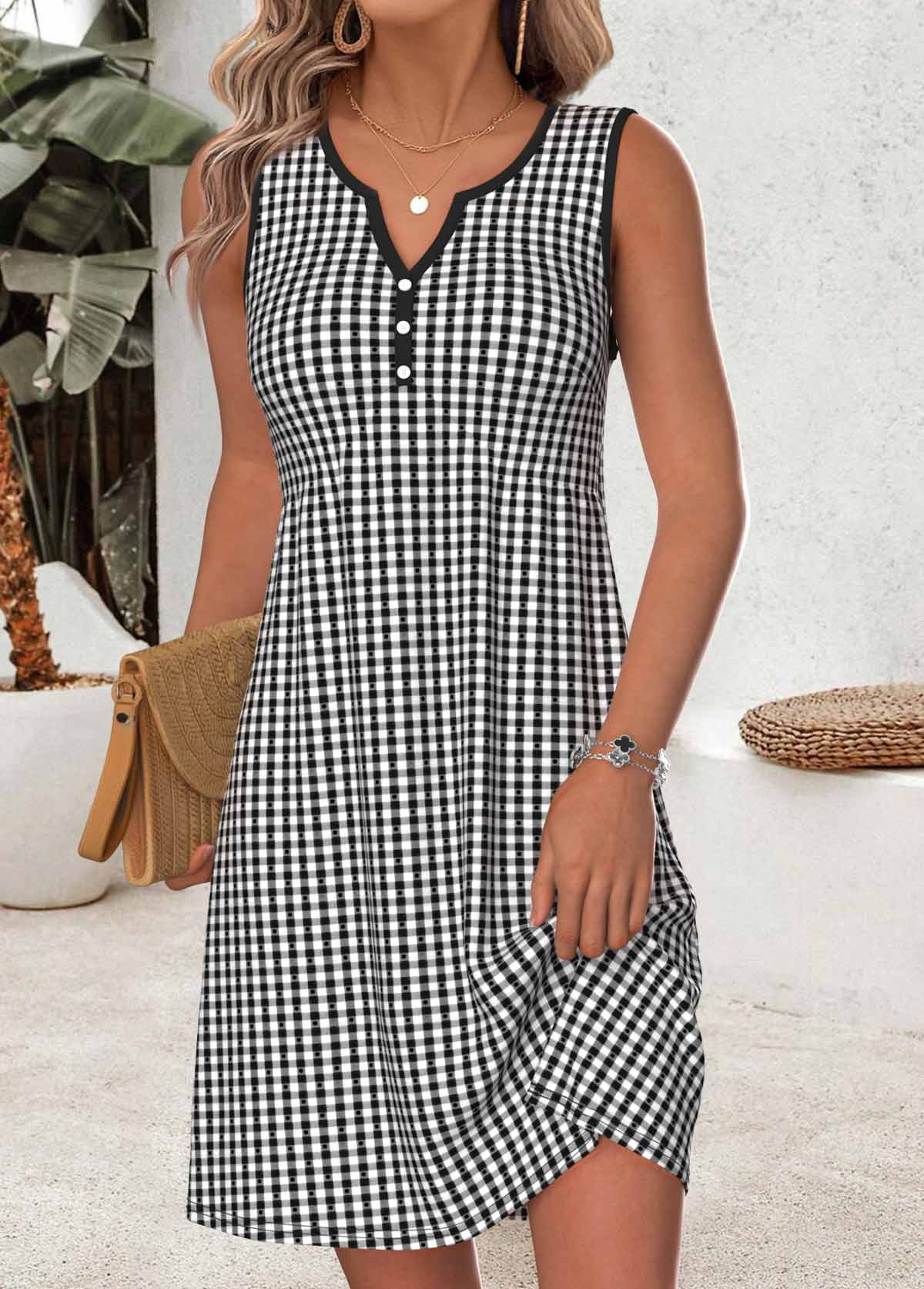 Black dresses,Plaid dresses,Vacation dresses,Vacation dresses,ROTITA Red Tummy Coverage Short Round Neck Sleeveless Dress