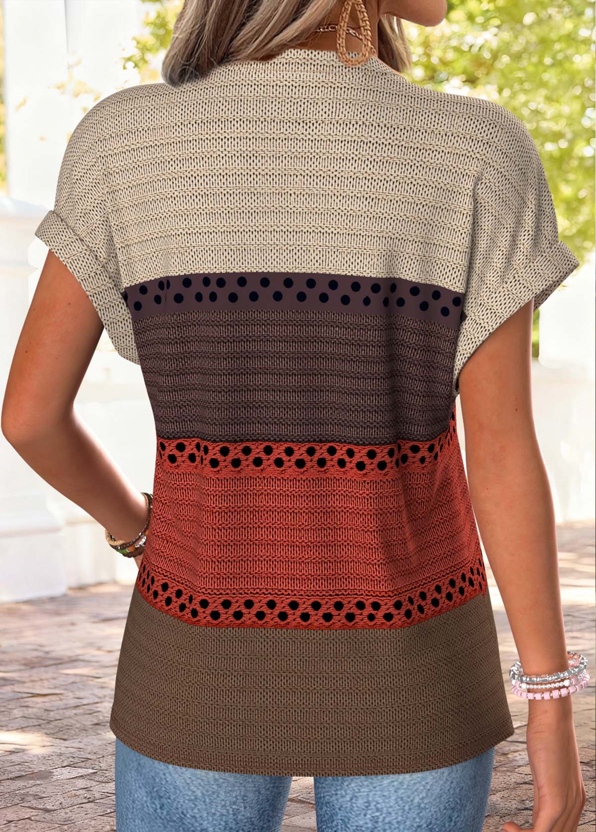 Multi Color tops,Striped tops,Geometric tops,ROTITA Striped Multi Color Split Neck Short Sleeve T Shirt