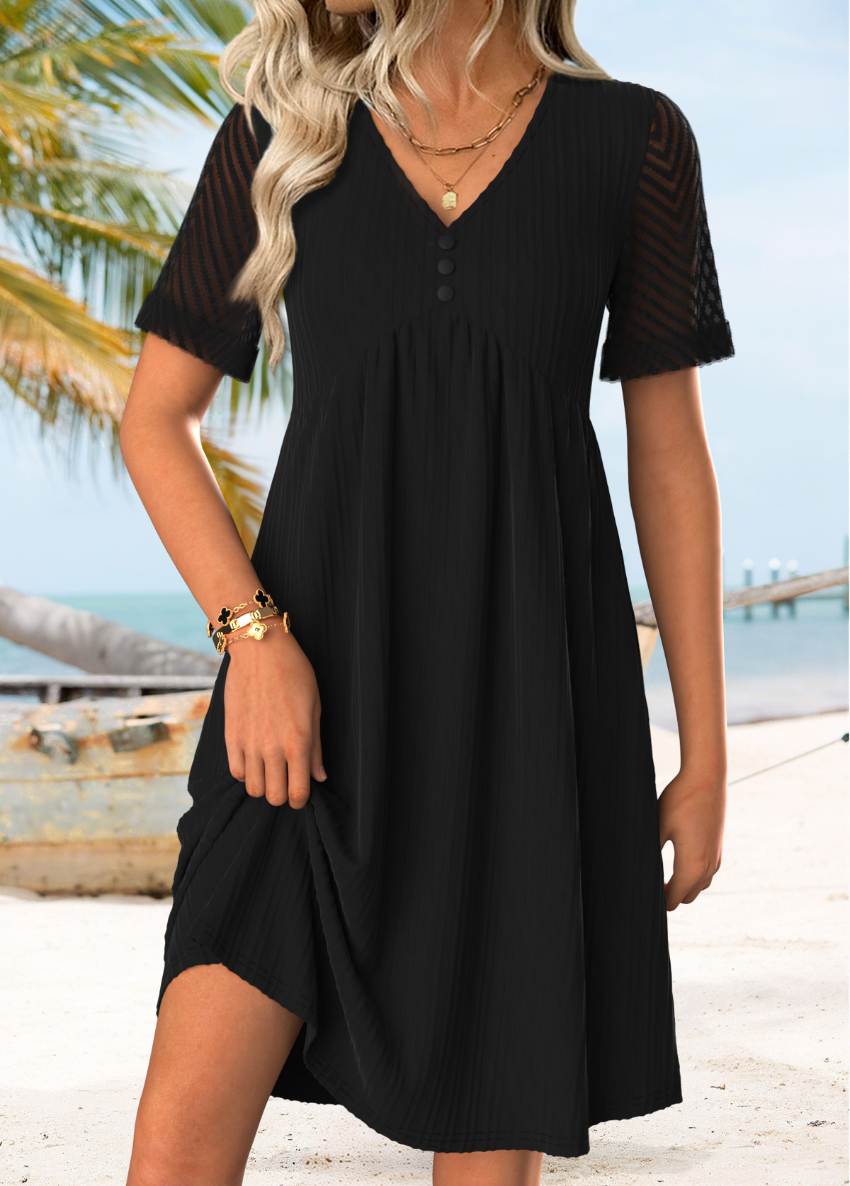 Black dresses,Plain Color dresses,Everyday dresses,Casual dresses,ROTITA Black Shirred Short V Neck Dress