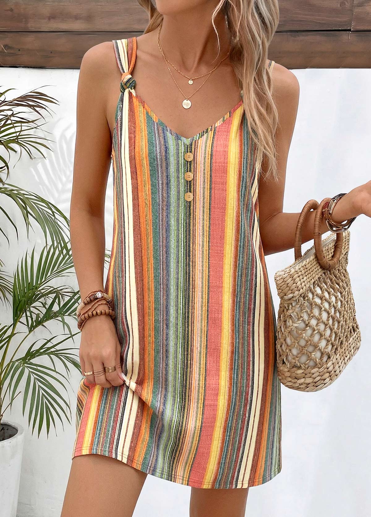 Multi Color dresses,Striped dresses,Geometric dresses,Everyday dresses,Casual dresses,ROTITA Multi Color Striped Twist Short V Neck Strappy Dress