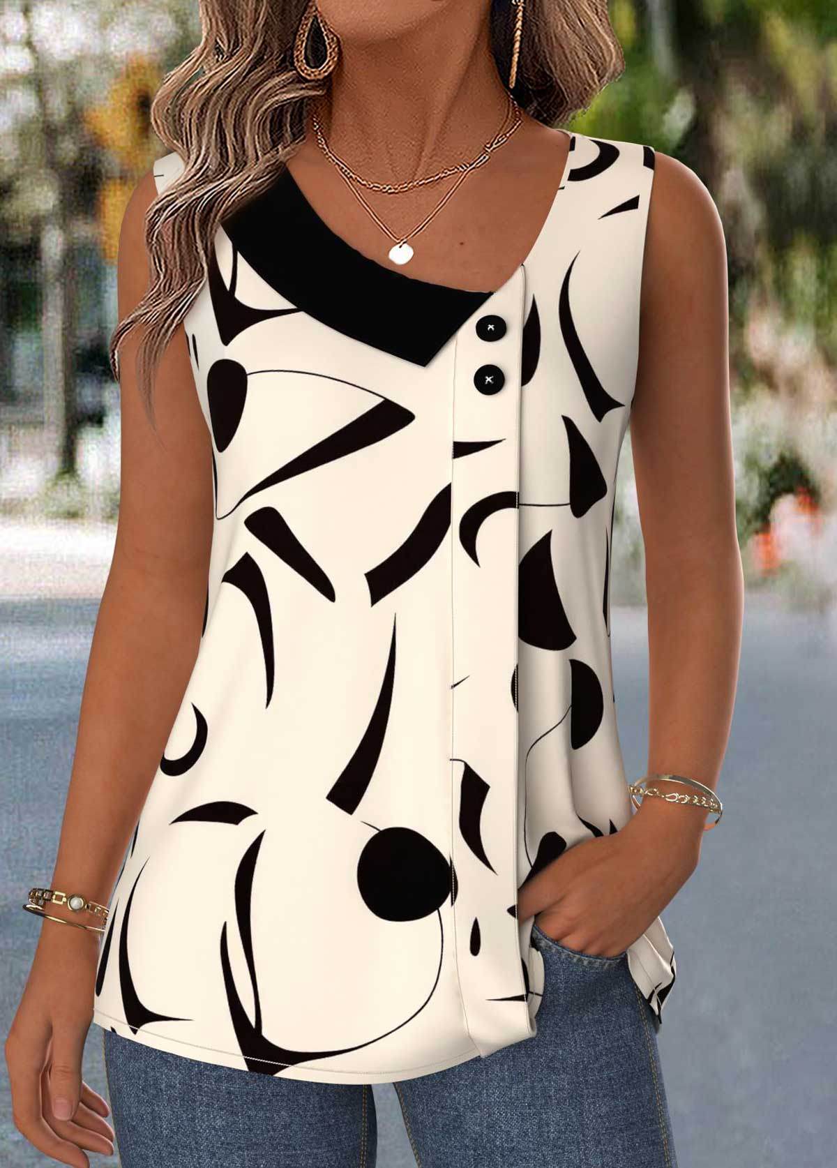 Beige tops,Geometric tops,ROTITA Patchwork Geometric Print Beige Asymmetrical Neck Sleeveless Tank Top