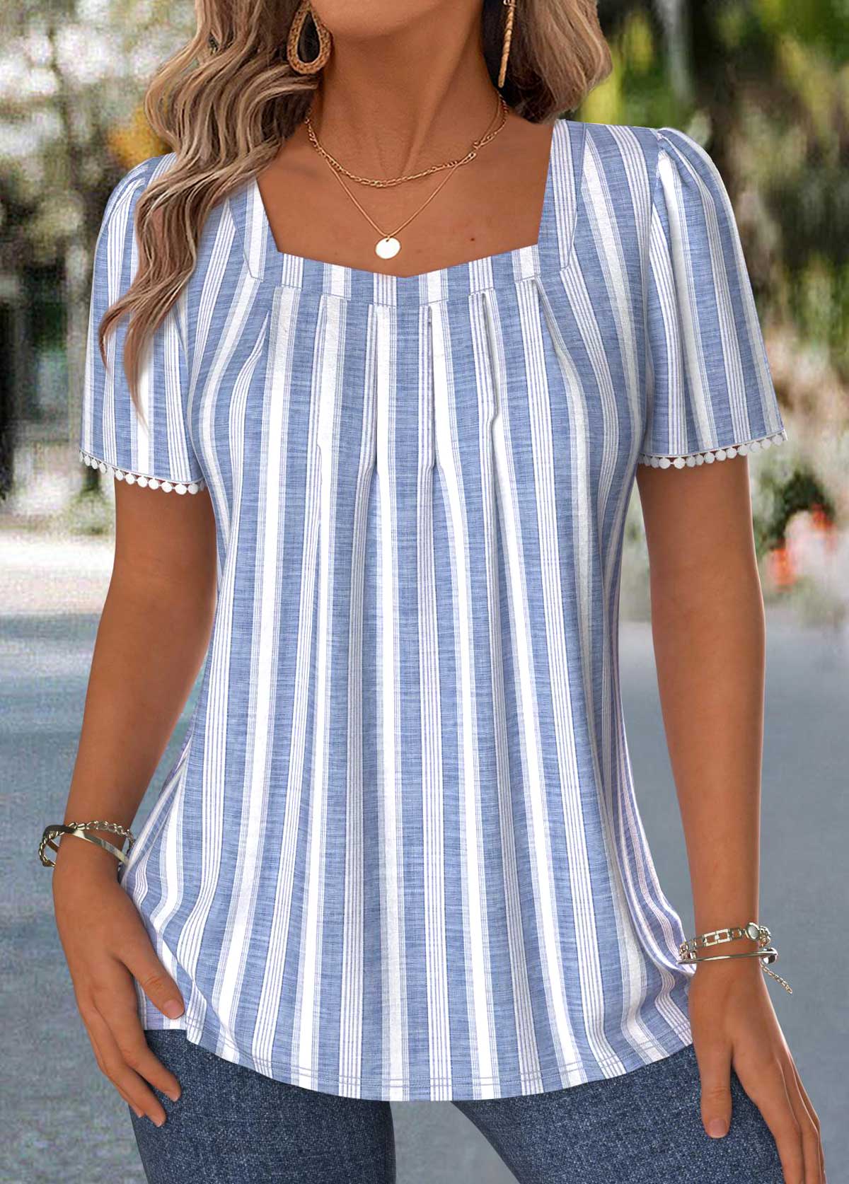 Blue plus size,Striped plus size,Geometric plus size,ROTITA Plus Size Pleated Blue Striped Square Neck T Shirt