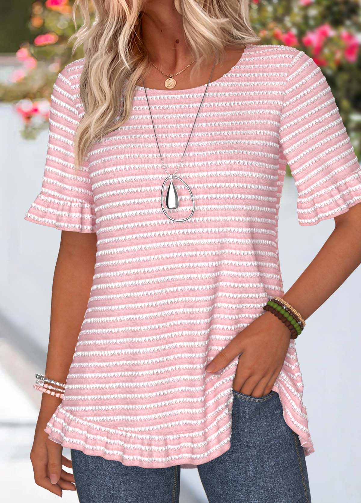 Pink tops,Striped tops,Geometric tops,ROTITA Frill Striped Pink Round Neck Short Sleeve T Shirt