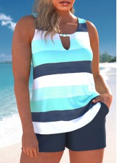 Cyan swimwear,Striped swimwear,Geometric swimwear,ROTITA Cut Out Cyan Multi Stripe Print Tankini Set