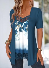 Peacock Blue tops,Floral tops,Plants tops,ROTITA Lace Floral Print Peacock Blue Fake Two Piece Twinset