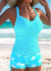 Cyan swimwear,Plants swimwear,ROTITA Criss Cross Cyan Tropical Plants Print Tankini Set