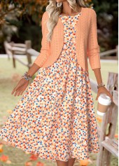Rotita – Orangefarbenes Kleid und Cardigan mit Rundhalsausschnitt und kleinem Blumenmuster