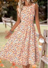 Orange dresses,Ditsy Floral dresses,Everyday dresses,Casual dresses,ROTITA Ditsy Floral Print Orange Round Neck Dress and Cardigan