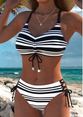 Black swimwear,Striped swimwear,Geometric swimwear,ROTITA Mid Waisted Reversible Striped Black Bikini Set