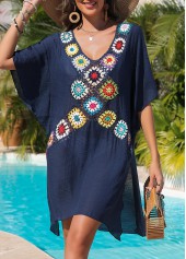 Navy swimwear,Contrast Color swimwear,Weave/braid V Neck Navy Cover Up