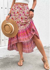 Hot Pink bottoms,Floral bottoms,Plants bottoms,Floral Print Hot Pink High Low Elastic Waist Skirt