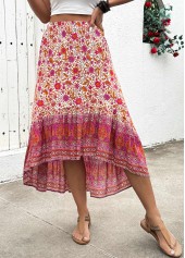 Floral Print Hot Pink High Low Elastic Waist Skirt