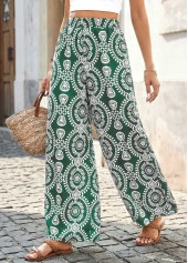 Grüne Hose mit Ethno-Print weites Bein elastischer Bund