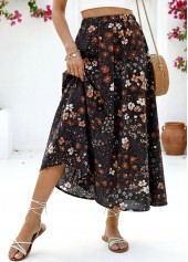 jupe longue noire à imprimé floral et taille élastique coupe trapèze