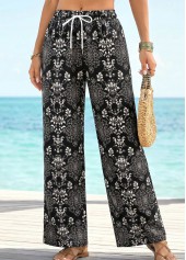 pantalon noir à imprimé tribal coupe droite taille haute et cordon de serrage
