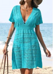 Blue swimwear,Plain Color swimwear,Tummy Coverage Blue V Neck Cover Up