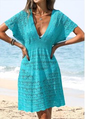 Blue swimwear,Plain Color swimwear,Tummy Coverage Blue V Neck Cover Up