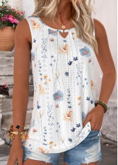 White tops,Floral tops,Plants tops,ROTITA Tuck Stitch Floral Print White Round Neck Tank Top