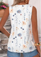 White tops,Floral tops,Plants tops,ROTITA Tuck Stitch Floral Print White Round Neck Tank Top