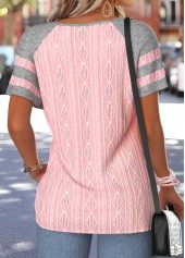 Light Pink tops,Contrast Color tops,ROTITA Patchwork Light Pink Round Neck Short Sleeve T Shirt