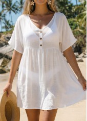 White swimwear,Plain Color swimwear,Tummy Coverage White V Neck Cover Up