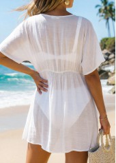 White swimwear,Plain Color swimwear,Tummy Coverage White V Neck Cover Up