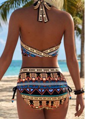 Multi Color swimwear,Tribal swimwear,ROTITA Multi Color Bowknot Tribal Print Mid Waisted Bikini Set