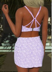 Purple swimwear,Floral swimwear,Plants swimwear,ROTITA Purple Three-piece Floral Print Mid Waisted Bikini Set