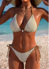 Light Coffee swimwear,Plaid swimwear,Geometric swimwear,ROTITA Light Coffee Three-piece Plaid Mid Waisted Bikini Set