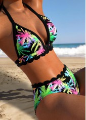 ROTITA Black Tropical Plants Print Mid Waisted Bikini Set