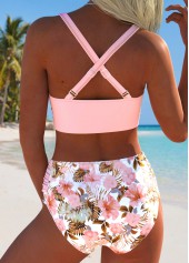 Light Pink swimwear,Plants swimwear,ROTITA Light Pink Surplice Tropical Plants Print Bikini Set