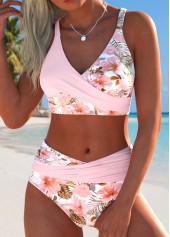 Light Pink swimwear,Plants swimwear,ROTITA Light Pink Surplice Tropical Plants Print Bikini Set