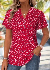 ROTITA Curved Hem Heart Print Red Split Neck T Shirt