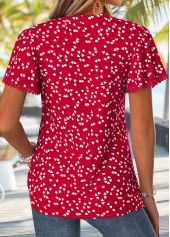 Red tops,Heart tops,ROTITA Curved Hem Heart Print Red Split Neck T Shirt