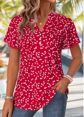 Red tops,Heart tops,ROTITA Curved Hem Heart Print Red Split Neck T Shirt