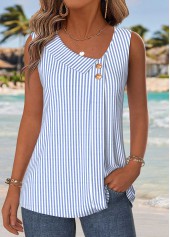 ROTITA Patchwork Striped Blue Asymmetrical Neck Sleeveless Tank Top