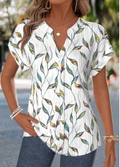 ROTITA Patchwork Floral Print Raw White Split Neck T Shirt