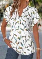 Raw white tops,Floral tops,Plants tops,ROTITA Patchwork Floral Print Raw White Split Neck T Shirt