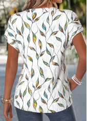 Raw white tops,Floral tops,Plants tops,ROTITA Patchwork Floral Print Raw White Split Neck T Shirt