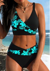 Rotita Cyan Surplice Bikini-Set mit Blumenmuster und mittelhohem Bund