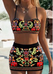 ROTITA Black Patchwork Tribal Print High Waisted Bikini Set